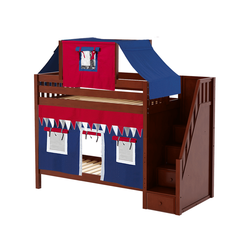 Maxtrix Twin High Bunk Bed with Stairs, Curtain + Top Tent