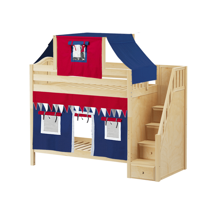 Maxtrix Twin High Bunk Bed with Stairs, Curtain + Top Tent