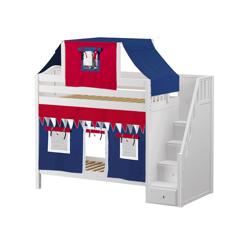 Maxtrix Twin High Bunk Bed with Stairs, Curtain + Top Tent