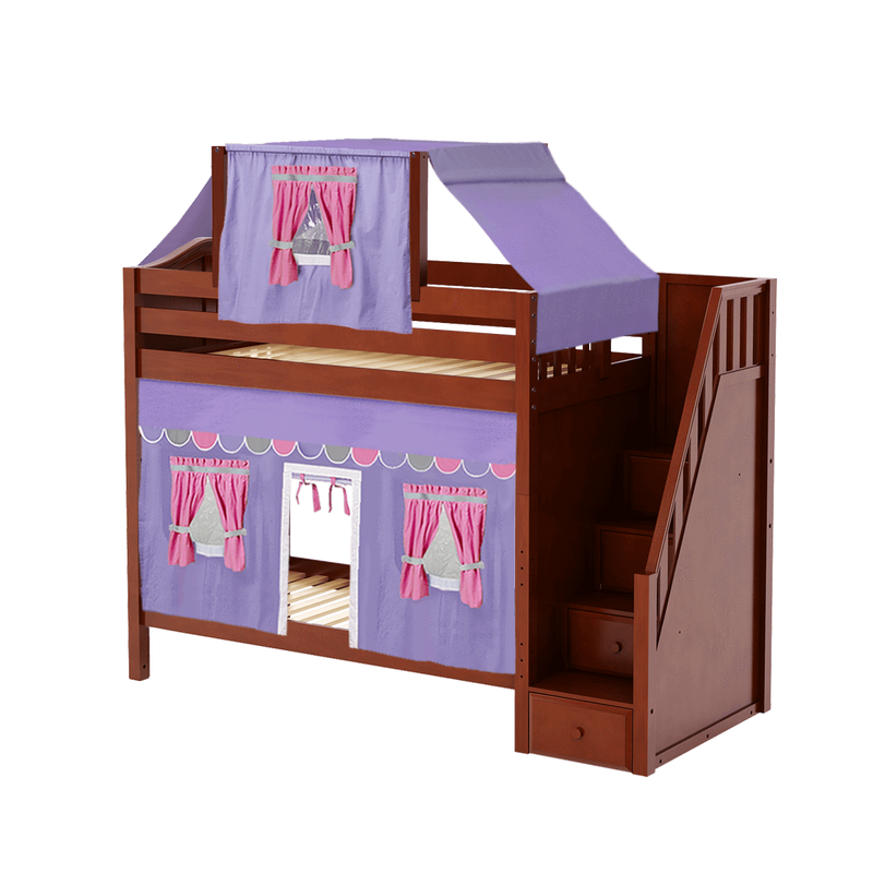 Maxtrix Twin High Bunk Bed with Stairs, Curtain + Top Tent