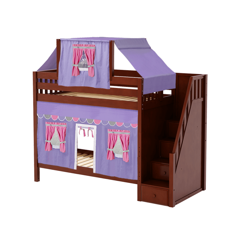 Maxtrix Twin High Bunk Bed with Stairs, Curtain + Top Tent