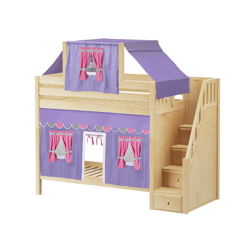 Maxtrix Twin High Bunk Bed with Stairs, Curtain + Top Tent