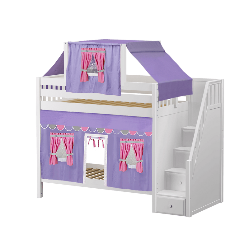 Maxtrix Twin High Bunk Bed with Stairs, Curtain + Top Tent