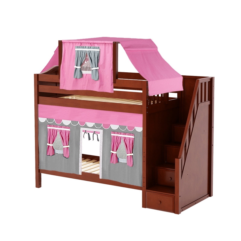 Maxtrix Twin High Bunk Bed with Stairs, Curtain + Top Tent
