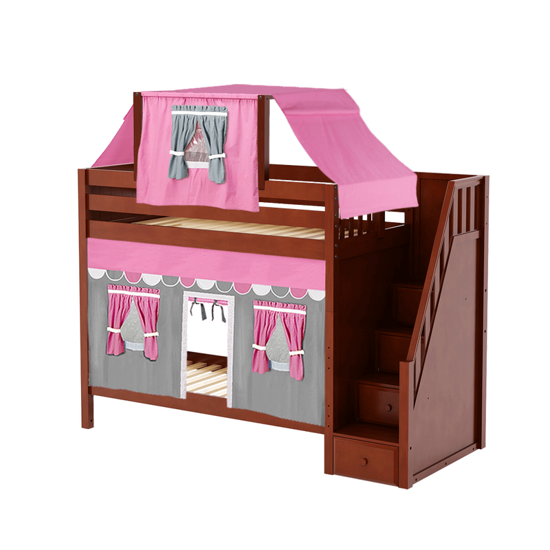 Maxtrix Twin High Bunk Bed with Stairs, Curtain + Top Tent
