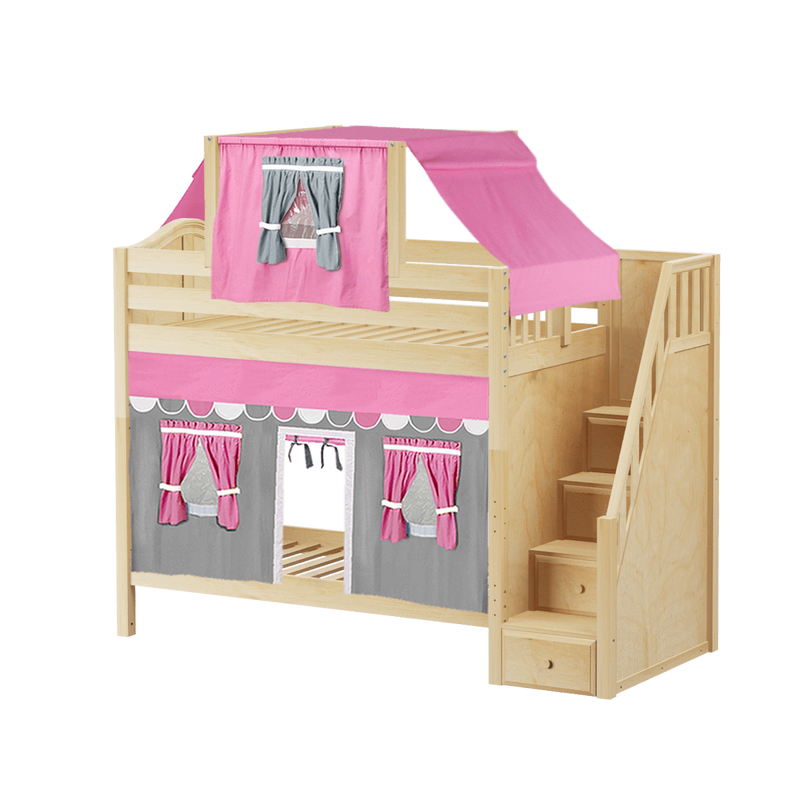 Maxtrix Twin High Bunk Bed with Stairs, Curtain + Top Tent