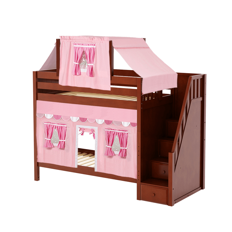 Maxtrix Twin High Bunk Bed with Stairs, Curtain + Top Tent