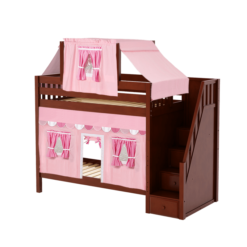 Maxtrix Twin High Bunk Bed with Stairs, Curtain + Top Tent