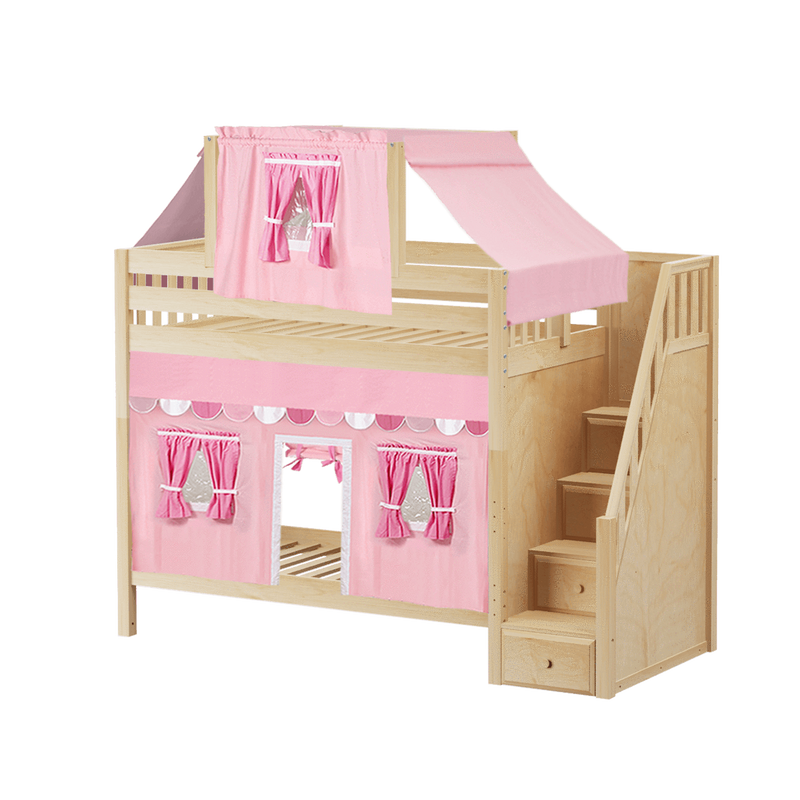 Maxtrix Twin High Bunk Bed with Stairs, Curtain + Top Tent