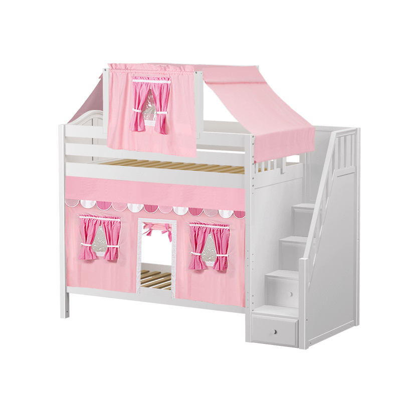 Maxtrix Twin High Bunk Bed with Stairs, Curtain + Top Tent