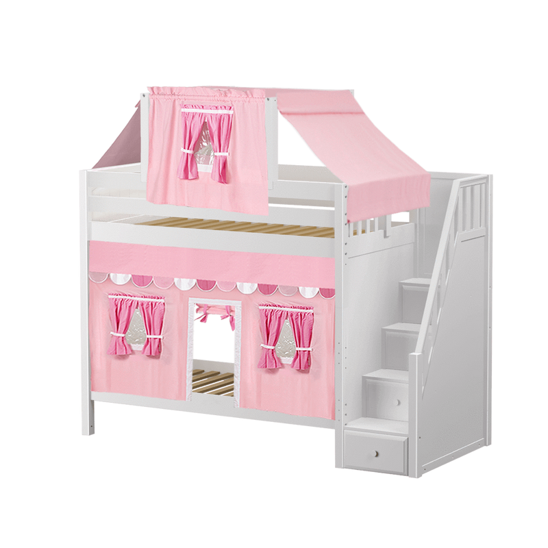 Maxtrix Twin High Bunk Bed with Stairs, Curtain + Top Tent