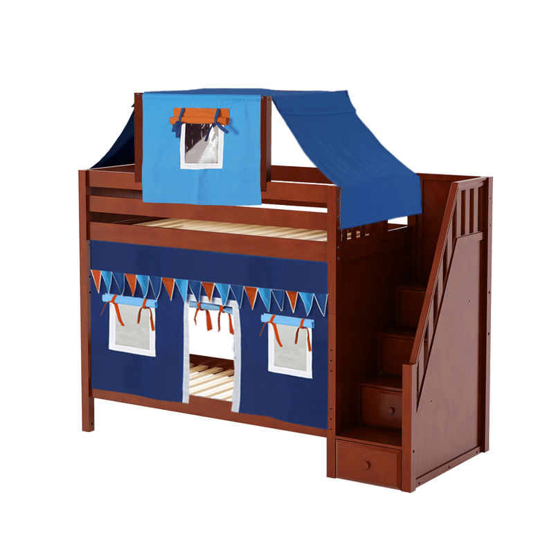 Maxtrix Twin High Bunk Bed with Stairs, Curtain + Top Tent
