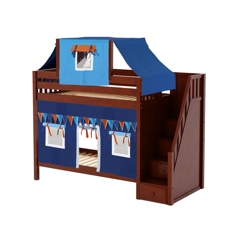 Maxtrix Twin High Bunk Bed with Stairs, Curtain + Top Tent