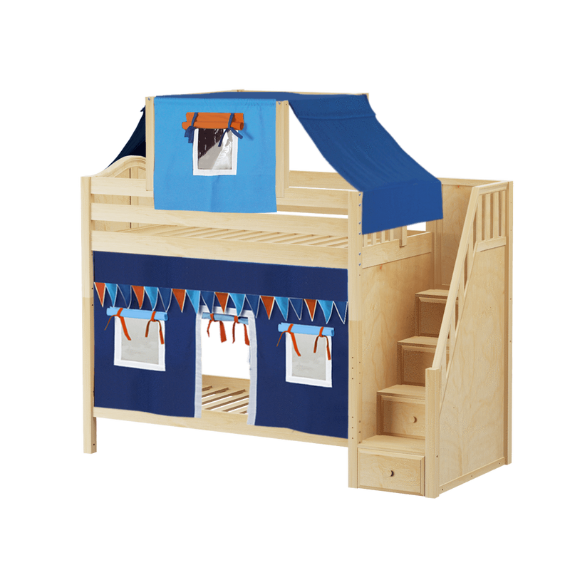Maxtrix Twin High Bunk Bed with Stairs, Curtain + Top Tent