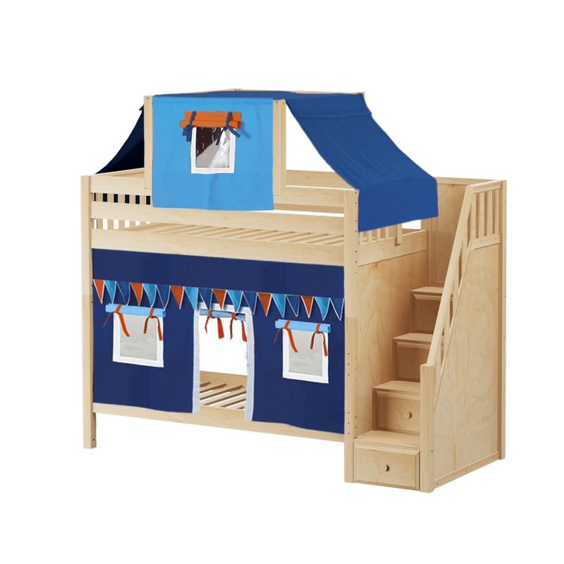 Maxtrix Twin High Bunk Bed with Stairs, Curtain + Top Tent