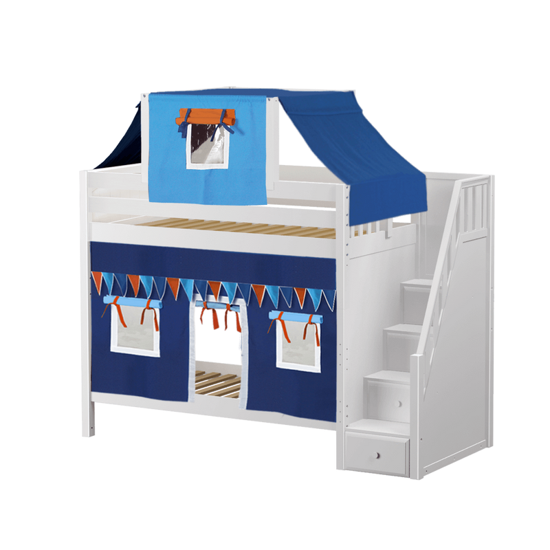Maxtrix Twin High Bunk Bed with Stairs, Curtain + Top Tent