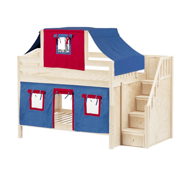 Maxtrix Full Low Bunk Bed with Stairs, Curtain + Top Tent