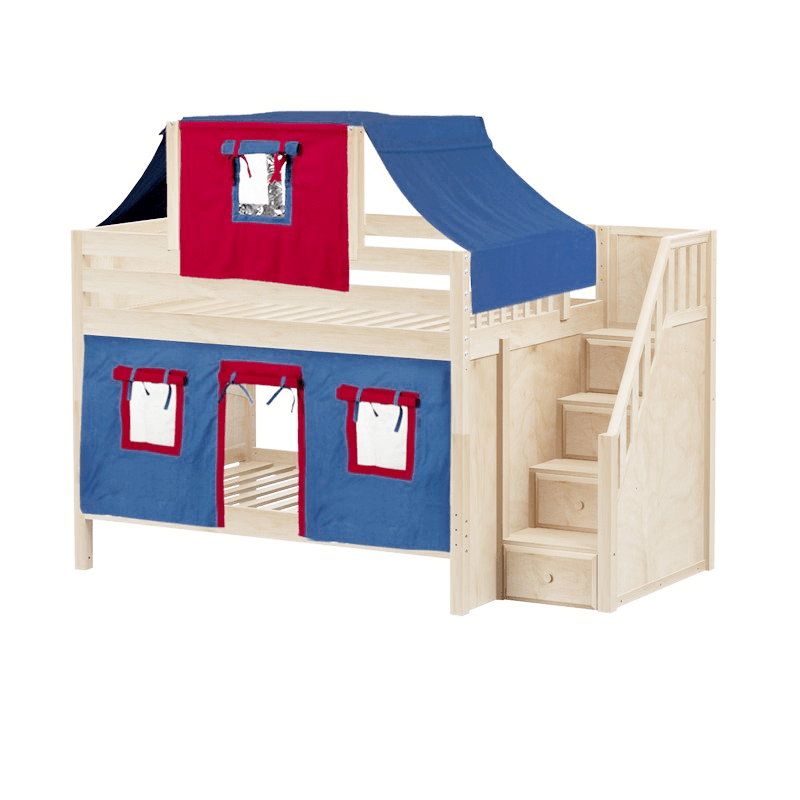 Maxtrix Full Low Bunk Bed with Stairs, Curtain + Top Tent
