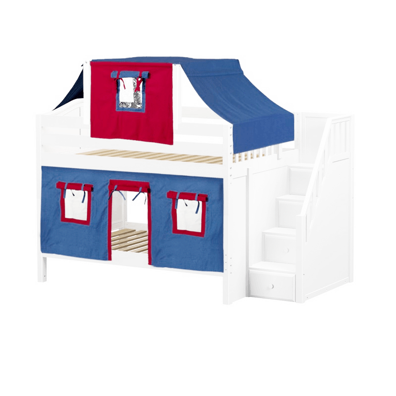 Maxtrix Full Low Bunk Bed with Stairs, Curtain + Top Tent