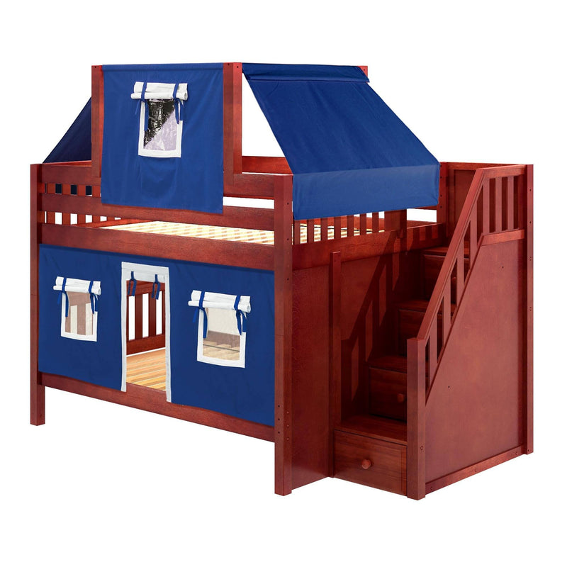 Maxtrix Full Low Bunk Bed with Stairs, Curtain + Top Tent