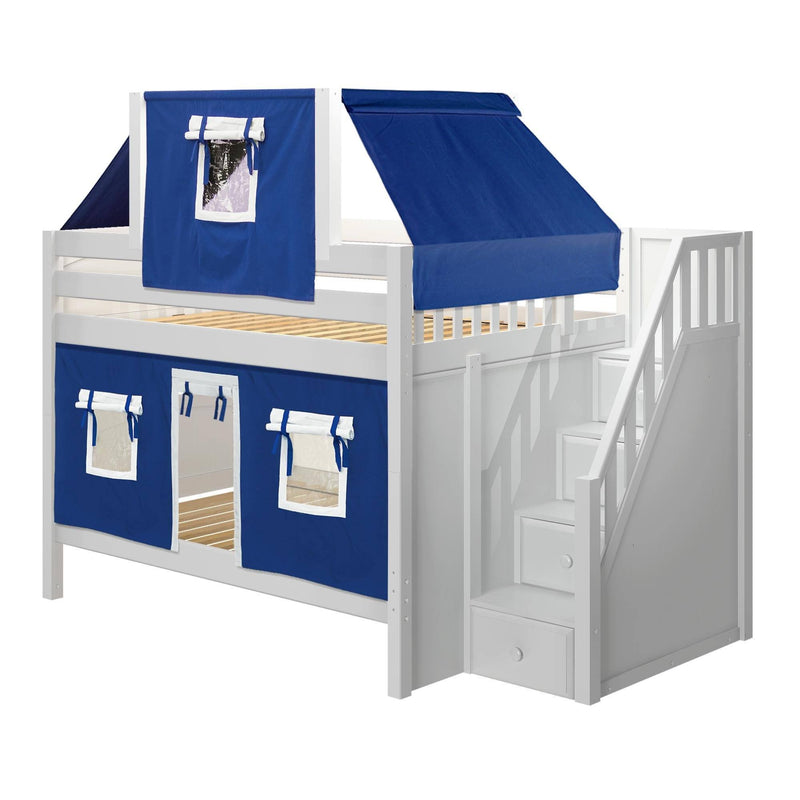 Maxtrix Full Low Bunk Bed with Stairs, Curtain + Top Tent