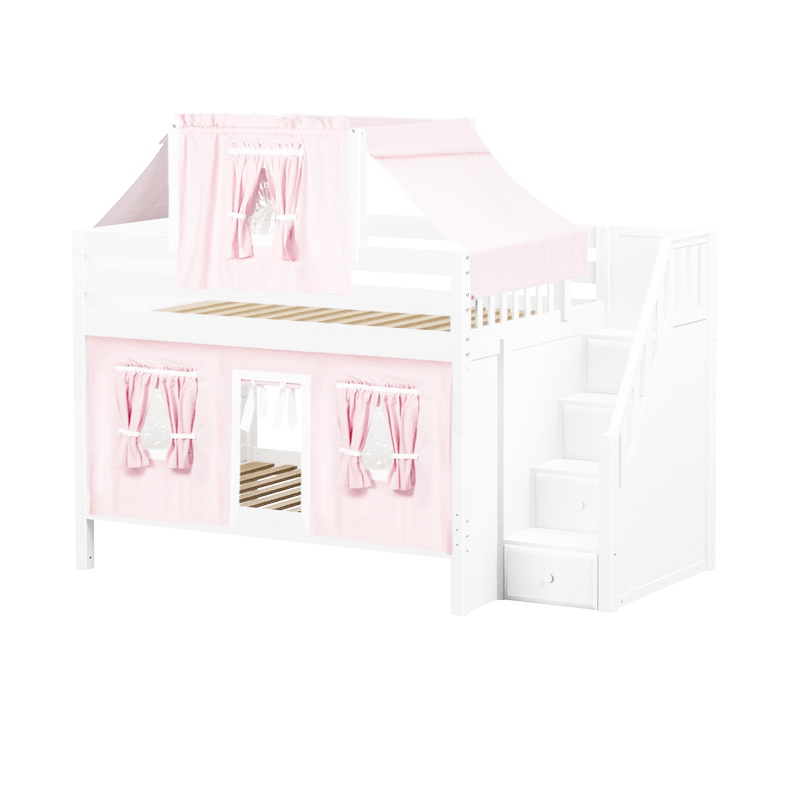 Maxtrix Full Low Bunk Bed with Stairs, Curtain + Top Tent