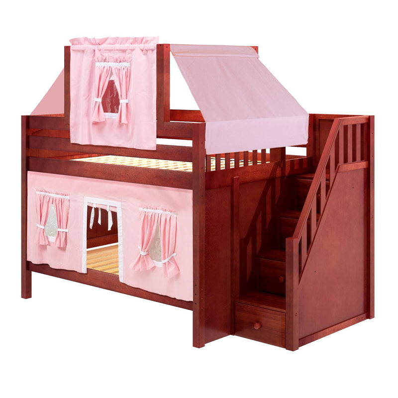 Maxtrix Full Low Bunk Bed with Stairs, Curtain + Top Tent