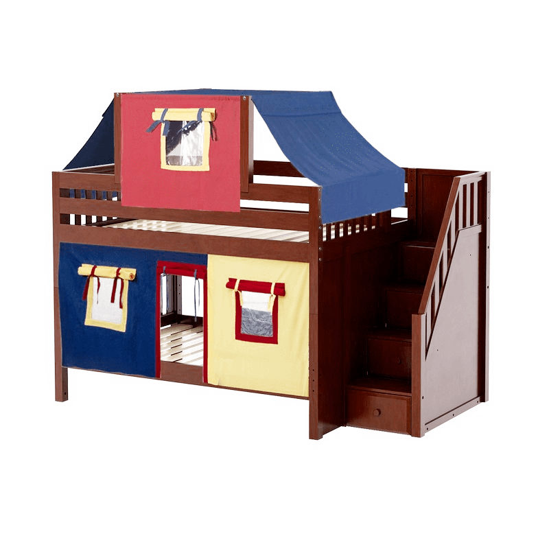 Maxtrix Full Low Bunk Bed with Stairs, Curtain + Top Tent