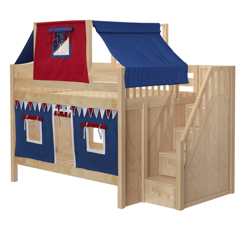 Maxtrix Full Low Bunk Bed with Stairs, Curtain + Top Tent