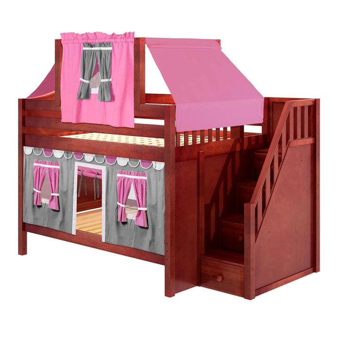 Maxtrix Full Low Bunk Bed with Stairs, Curtain + Top Tent
