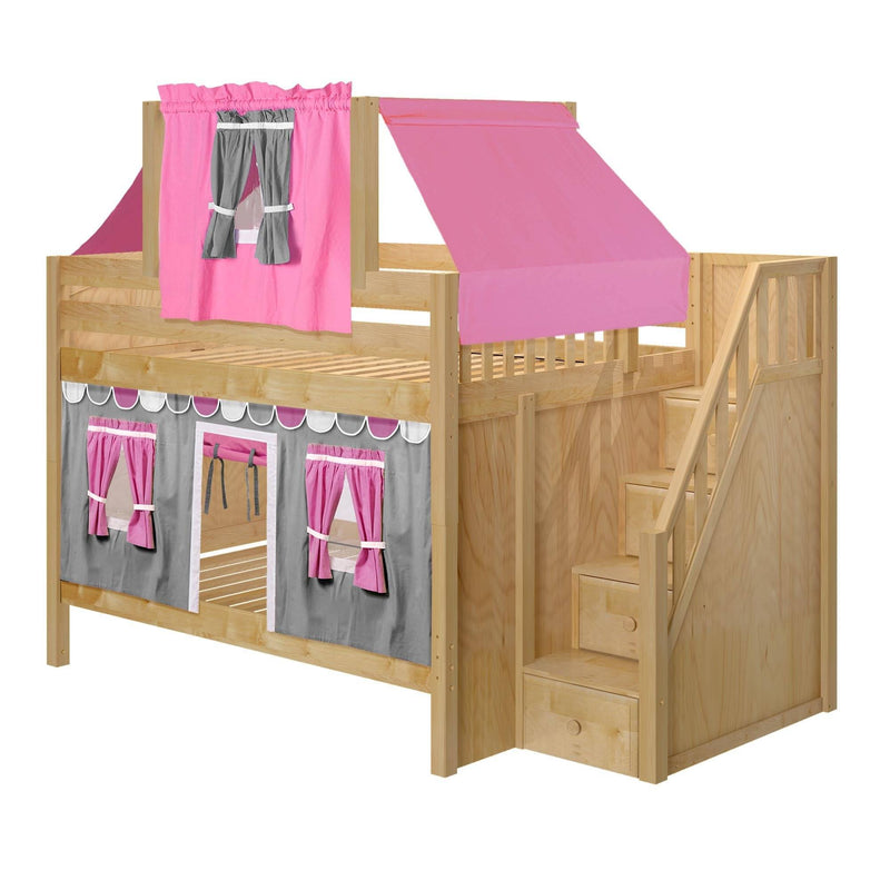 Maxtrix Full Low Bunk Bed with Stairs, Curtain + Top Tent