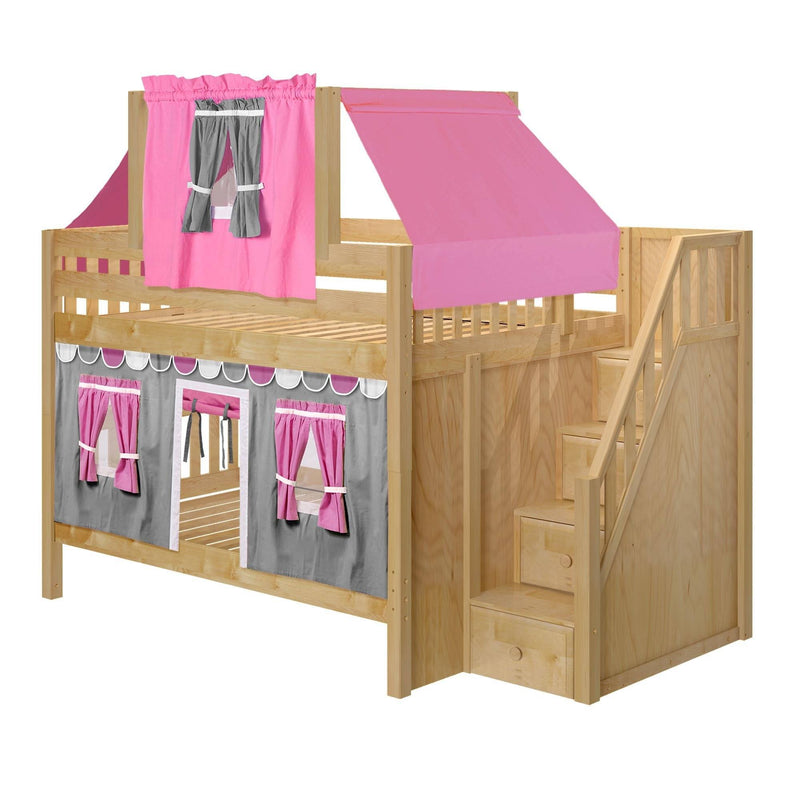 Maxtrix Full Low Bunk Bed with Stairs, Curtain + Top Tent