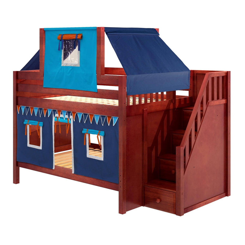 Maxtrix Full Low Bunk Bed with Stairs, Curtain + Top Tent