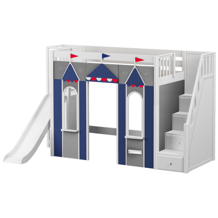 Maxtrix Twin High Loft Bed with Stairs, Slide Platform + Playhouse Panels
