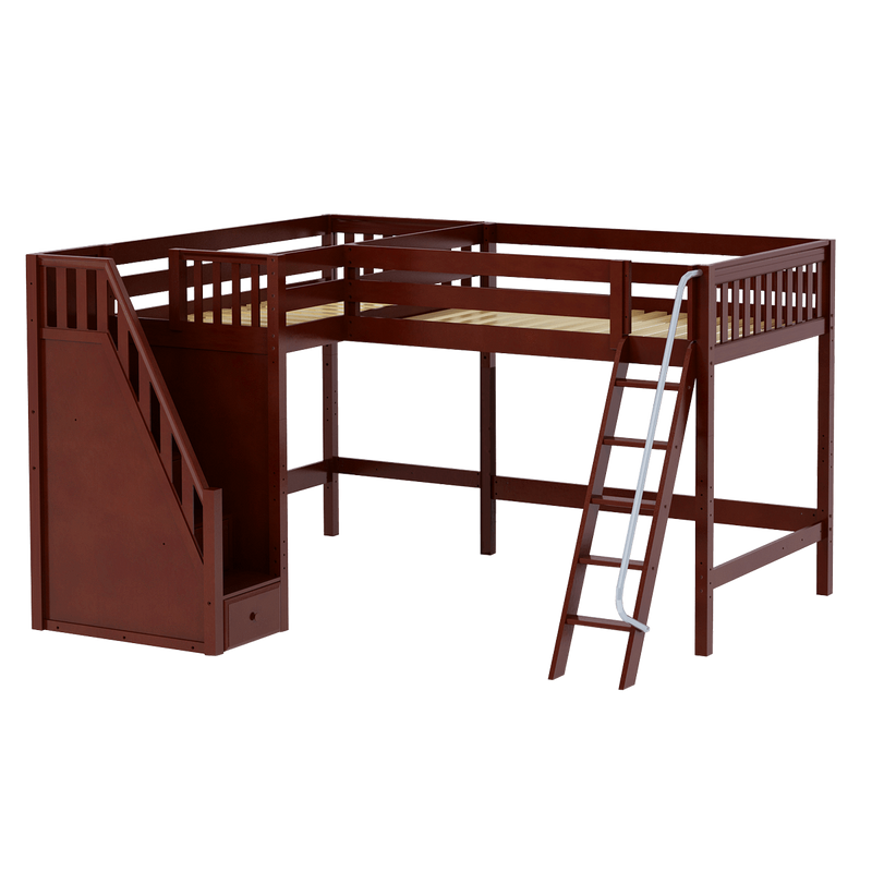 Maxtrix Twin Full High Corner Loft Bed with Ladder + Stairs - L
