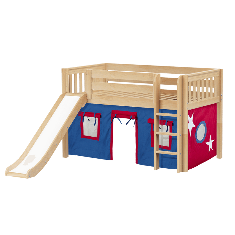 Maxtrix Twin Low Loft Bed with Straight Ladder, Curtain + Slide