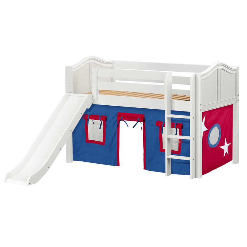 Maxtrix Twin Low Loft Bed with Straight Ladder, Curtain + Slide