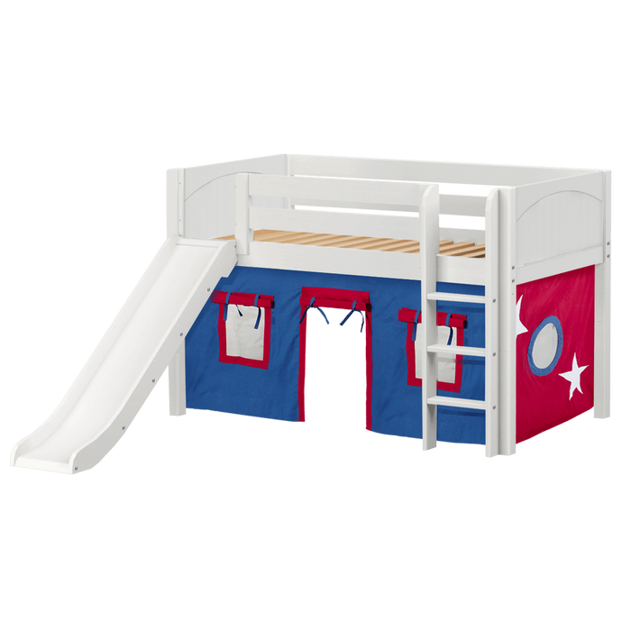 Maxtrix Twin Low Loft Bed with Straight Ladder, Curtain + Slide