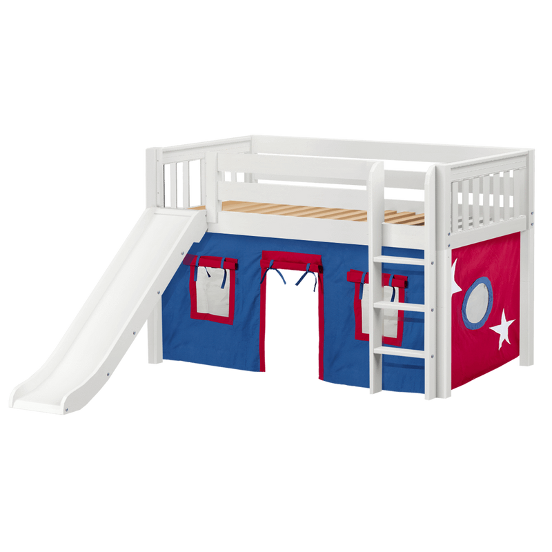 Maxtrix Twin Low Loft Bed with Straight Ladder, Curtain + Slide