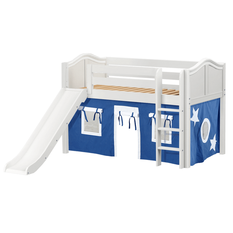 Maxtrix Twin Low Loft Bed with Straight Ladder, Curtain + Slide