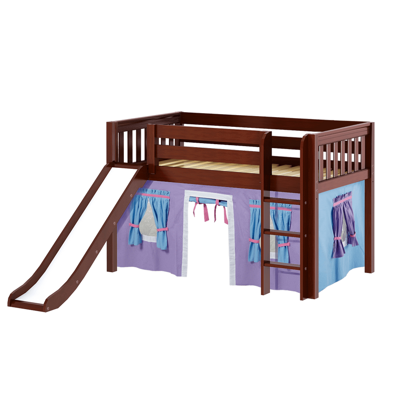 Maxtrix Twin Low Loft Bed with Straight Ladder, Curtain + Slide