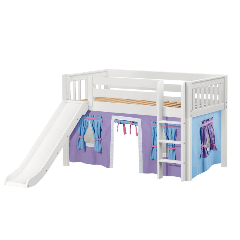 Maxtrix Twin Low Loft Bed with Straight Ladder, Curtain + Slide