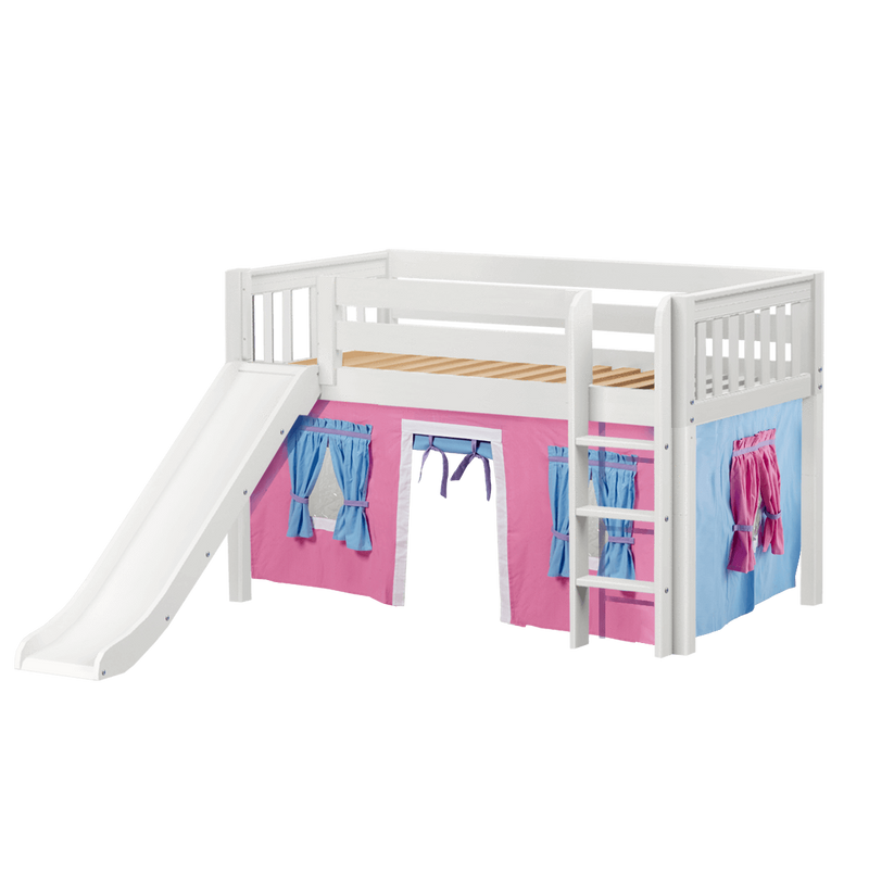 Maxtrix Twin Low Loft Bed with Straight Ladder, Curtain + Slide