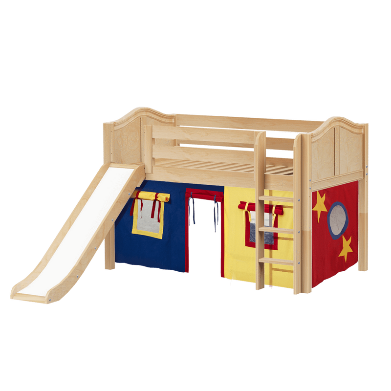 Maxtrix Twin Low Loft Bed with Straight Ladder, Curtain + Slide