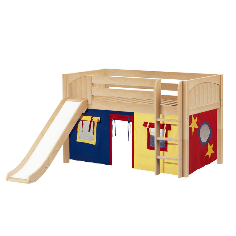 Maxtrix Twin Low Loft Bed with Straight Ladder, Curtain + Slide