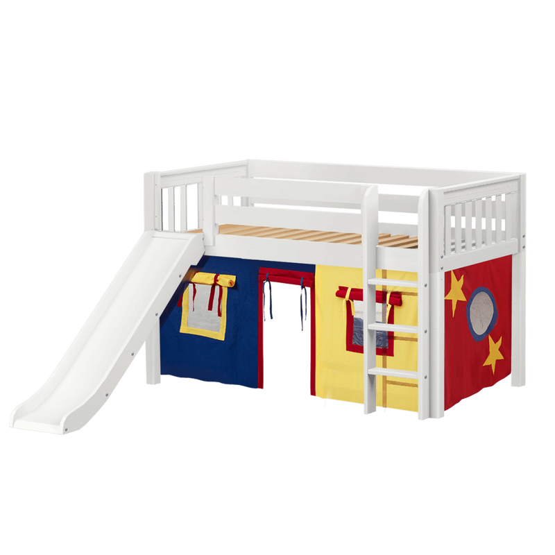 Maxtrix Twin Low Loft Bed with Straight Ladder, Curtain + Slide