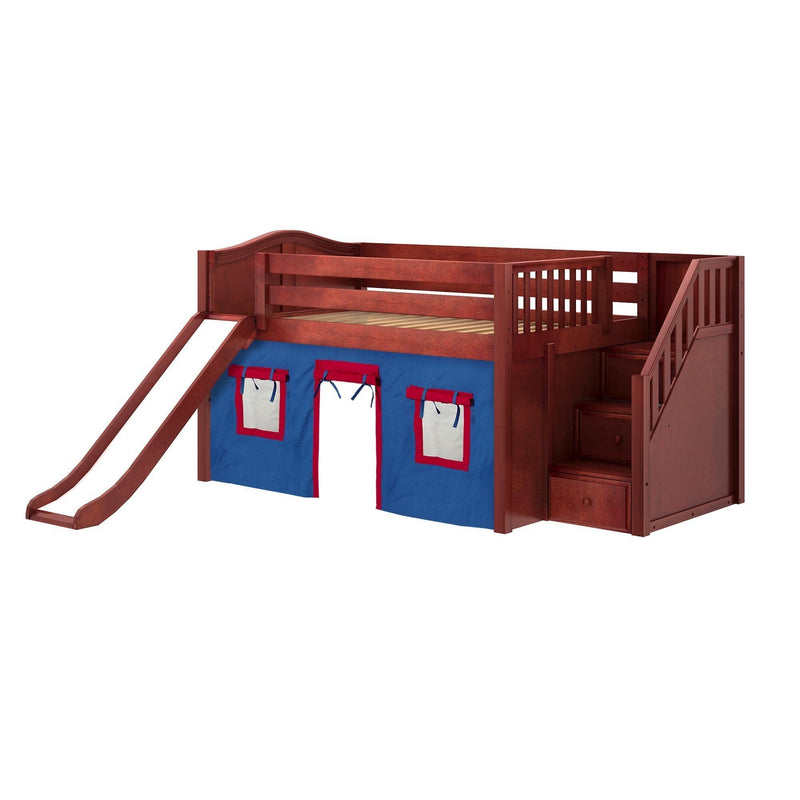Maxtrix Full Low Loft Bed with Stairs, Curtain + Slide
