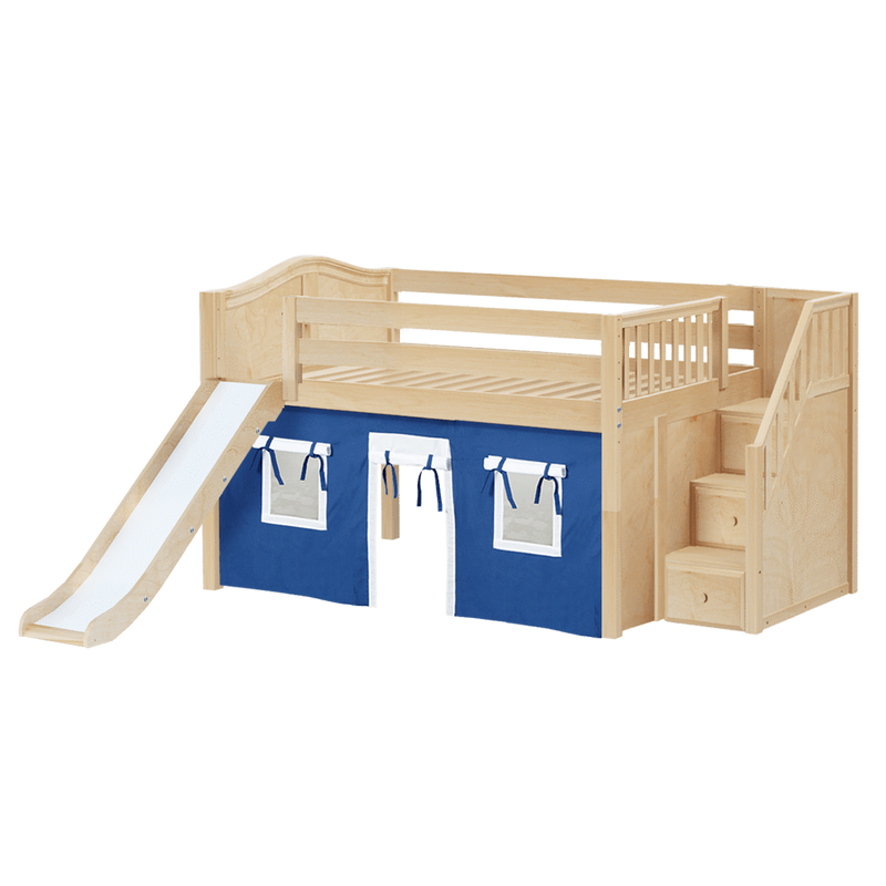 Maxtrix Full Low Loft Bed with Stairs, Curtain + Slide