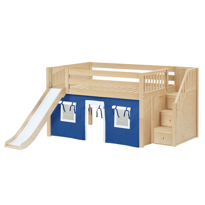 Maxtrix Full Low Loft Bed with Stairs, Curtain + Slide