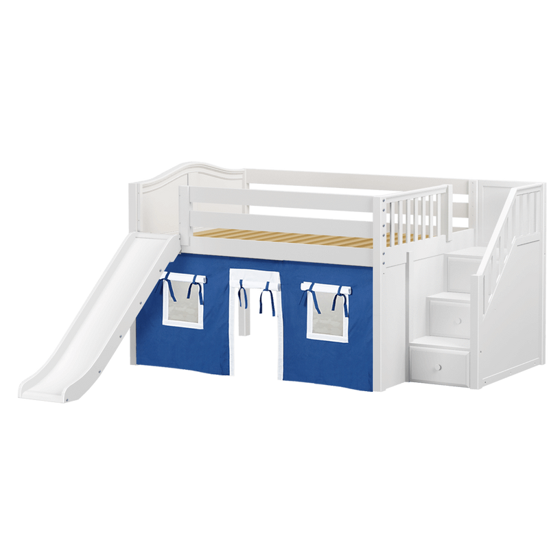 Maxtrix Full Low Loft Bed with Stairs, Curtain + Slide